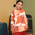 The Early Check - in Collection Girl Mandarin Collar Kurung Top in Cranberry Print - Umbi