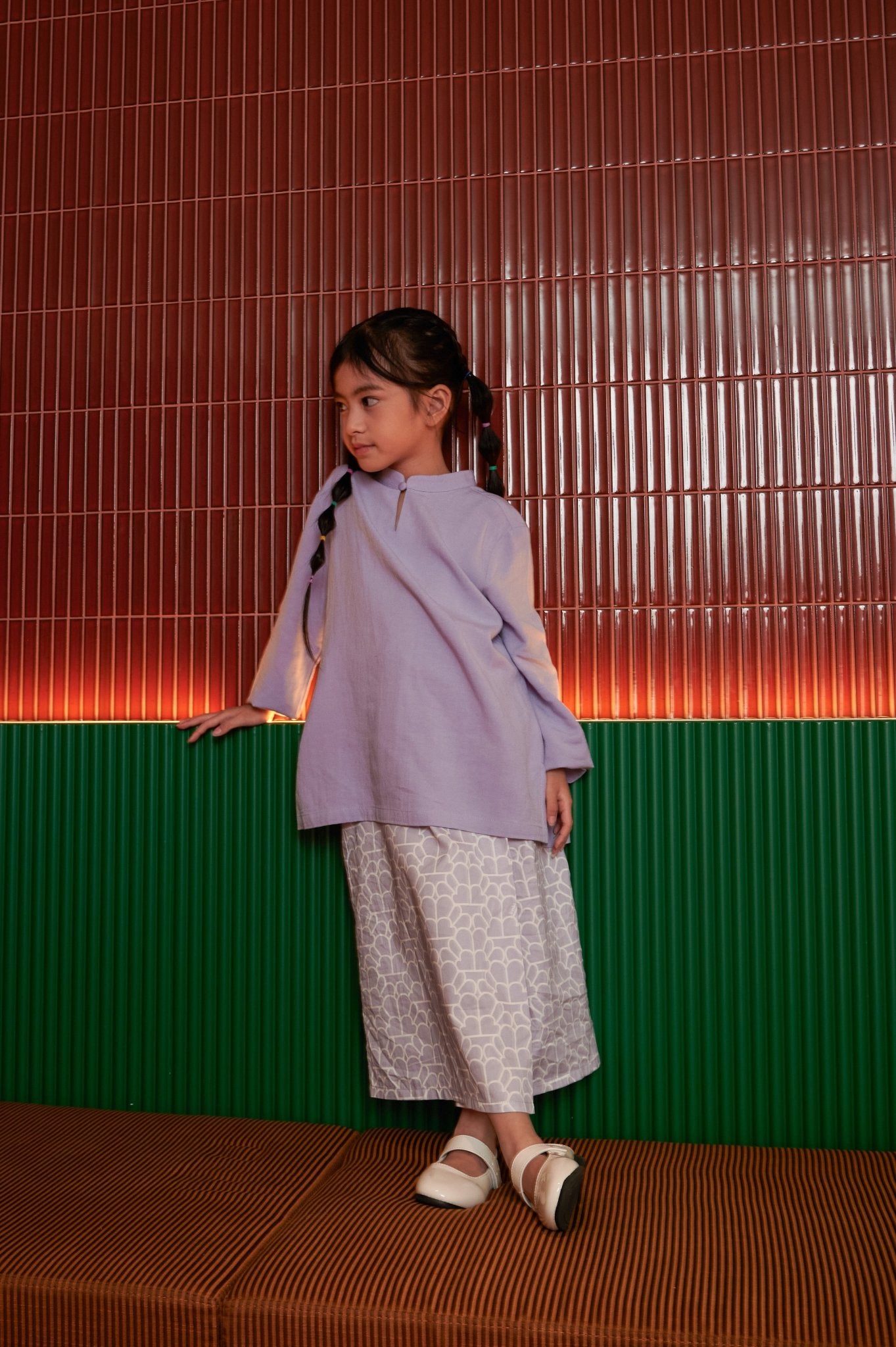 The Early Check - in Collection Girl Mandarin Collar Kurung Top in Lilac - Umbi