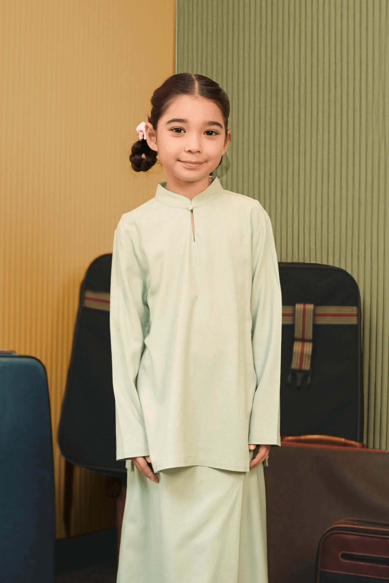 The Early Check - in Collection Girl Mandarin Collar Kurung Top in Mint Green - Umbi