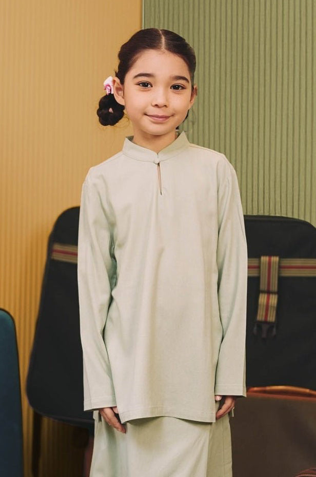 The Early Check - in Collection Girl Mandarin Collar Kurung Top in Mint Green - Umbi