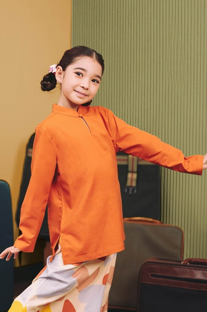 The Early Check - in Collection Girl Mandarin Collar Kurung Top in Orange - Umbi
