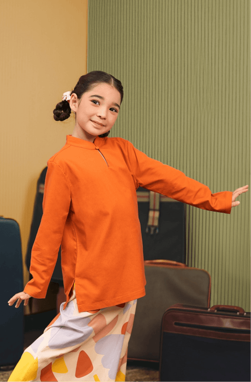 The Early Check-in Collection Girl Mandarin Collar Kurung Top in Orange