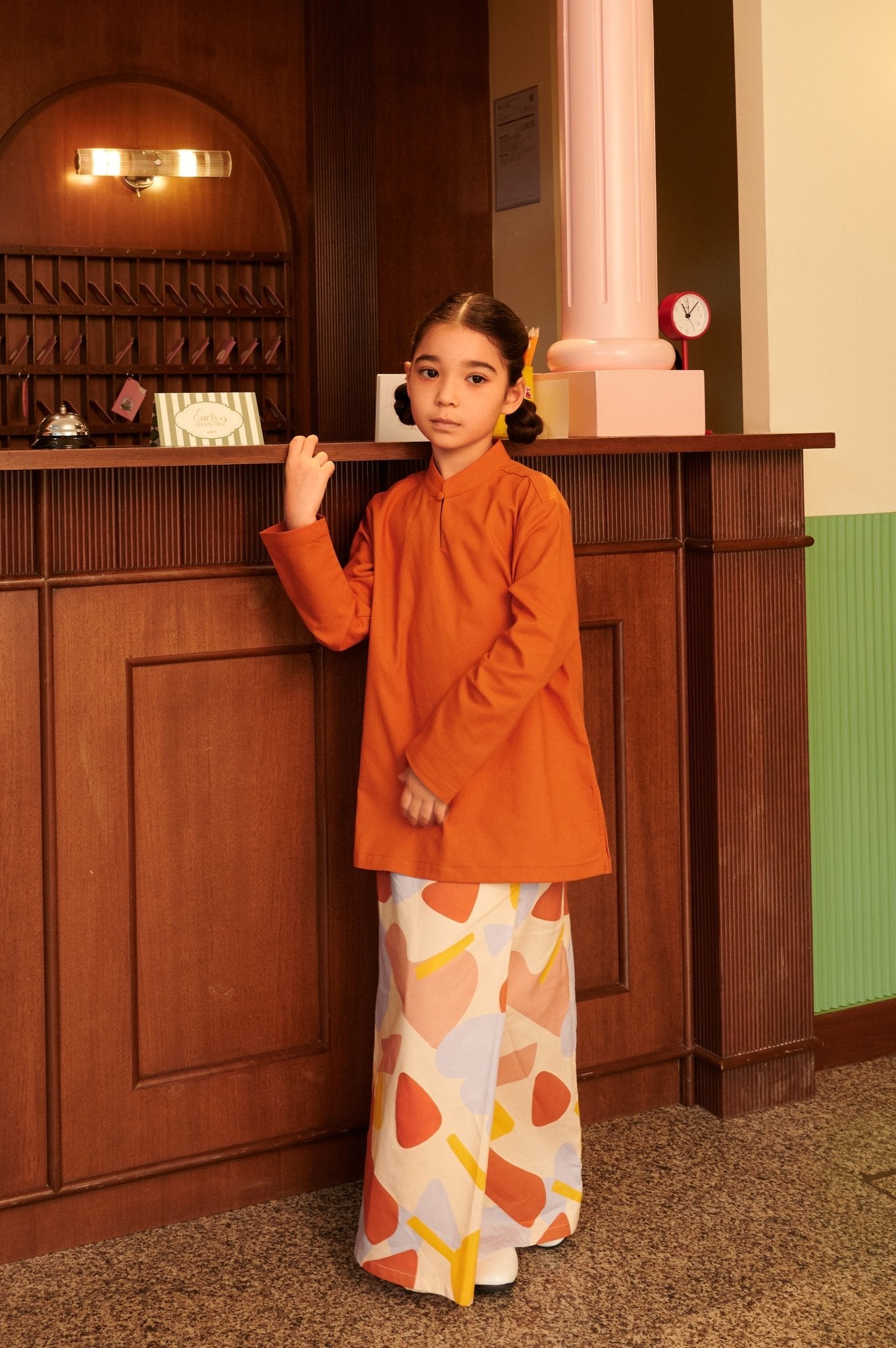 The Early Check - in Collection Girl Mandarin Collar Kurung Top in Orange - Umbi
