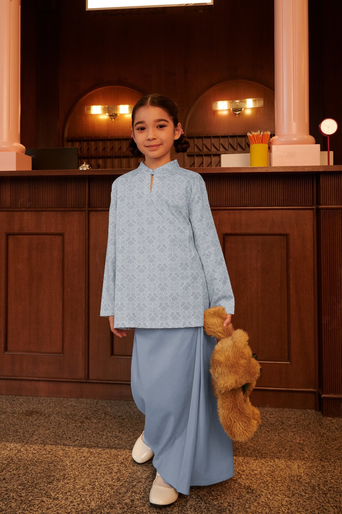 The Early Check - in Collection Girl Mandarin Collar Kurung Top in Snowflake Print - Umbi