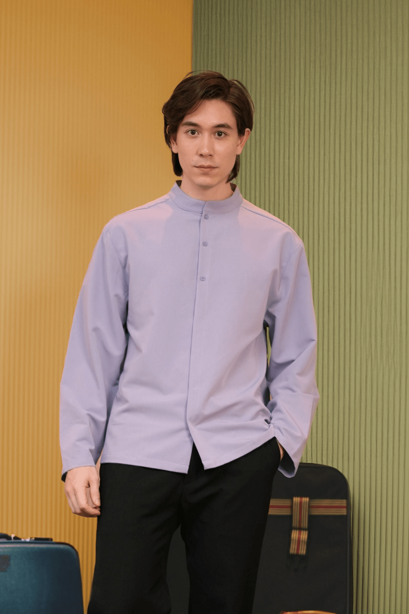 The Early Check - in Collection Men Mandarin Collar Long Sleeve Shirt in Lilac - Umbi