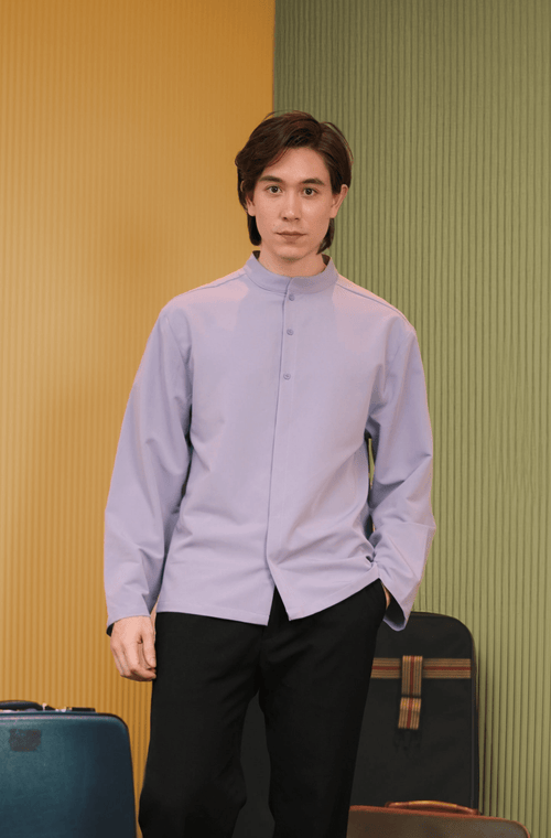 The Early Check-in Collection Men Mandarin Collar Long Sleeve Shirt in Lilac