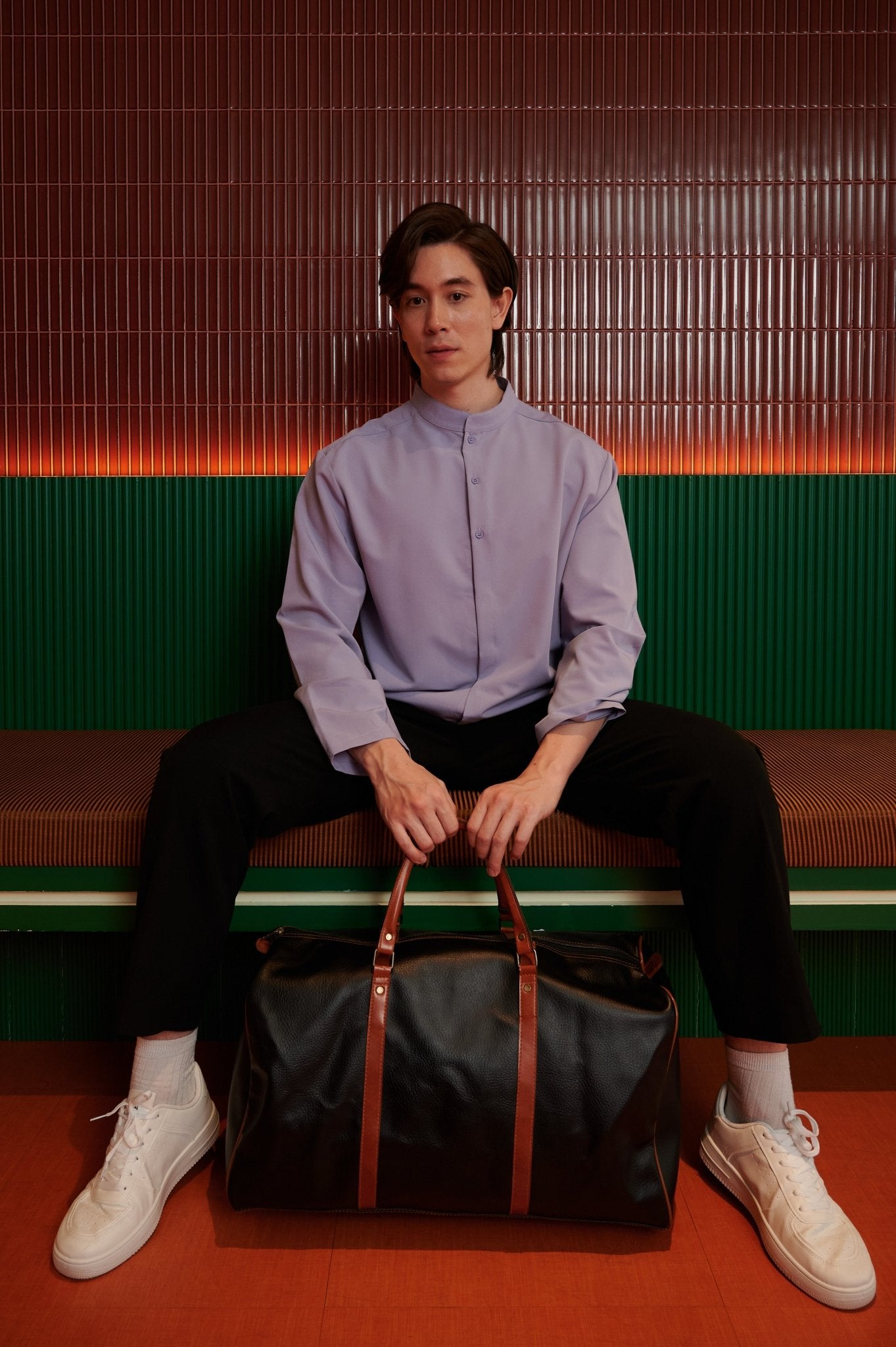 The Early Check - in Collection Men Mandarin Collar Long Sleeve Shirt in Lilac - Umbi