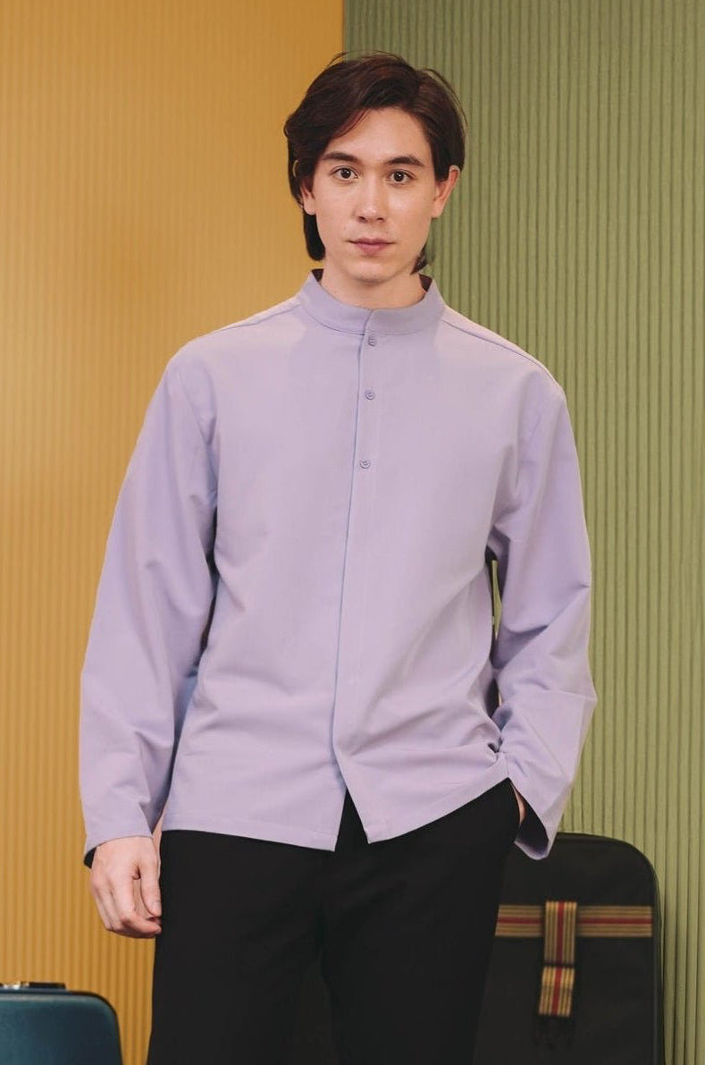 The Early Check - in Collection Men Mandarin Collar Long Sleeve Shirt in Lilac - Umbi