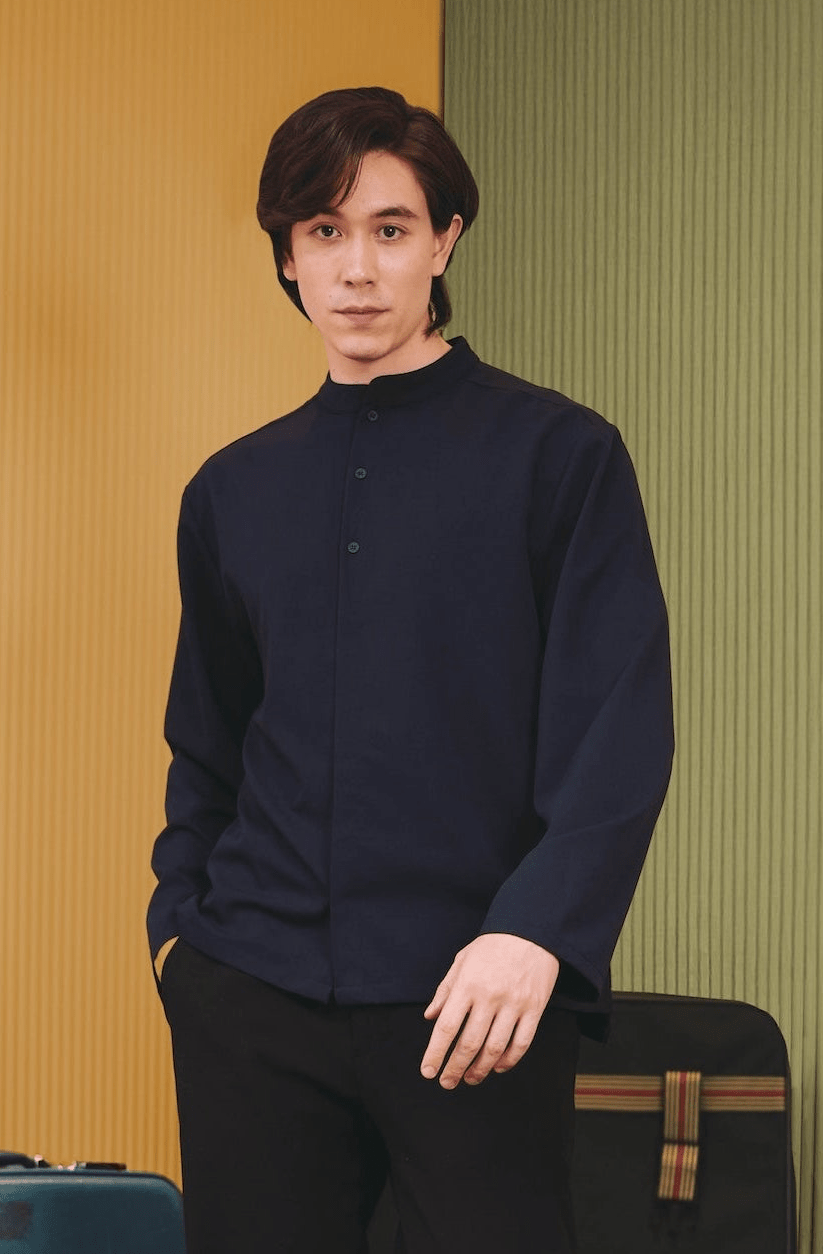The Early Check - in Collection Men Mandarin Collar Long Sleeve Shirt in Midnight Blue - Umbi