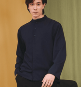 The Early Check - in Collection Men Mandarin Collar Long Sleeve Shirt in Midnight Blue - Umbi
