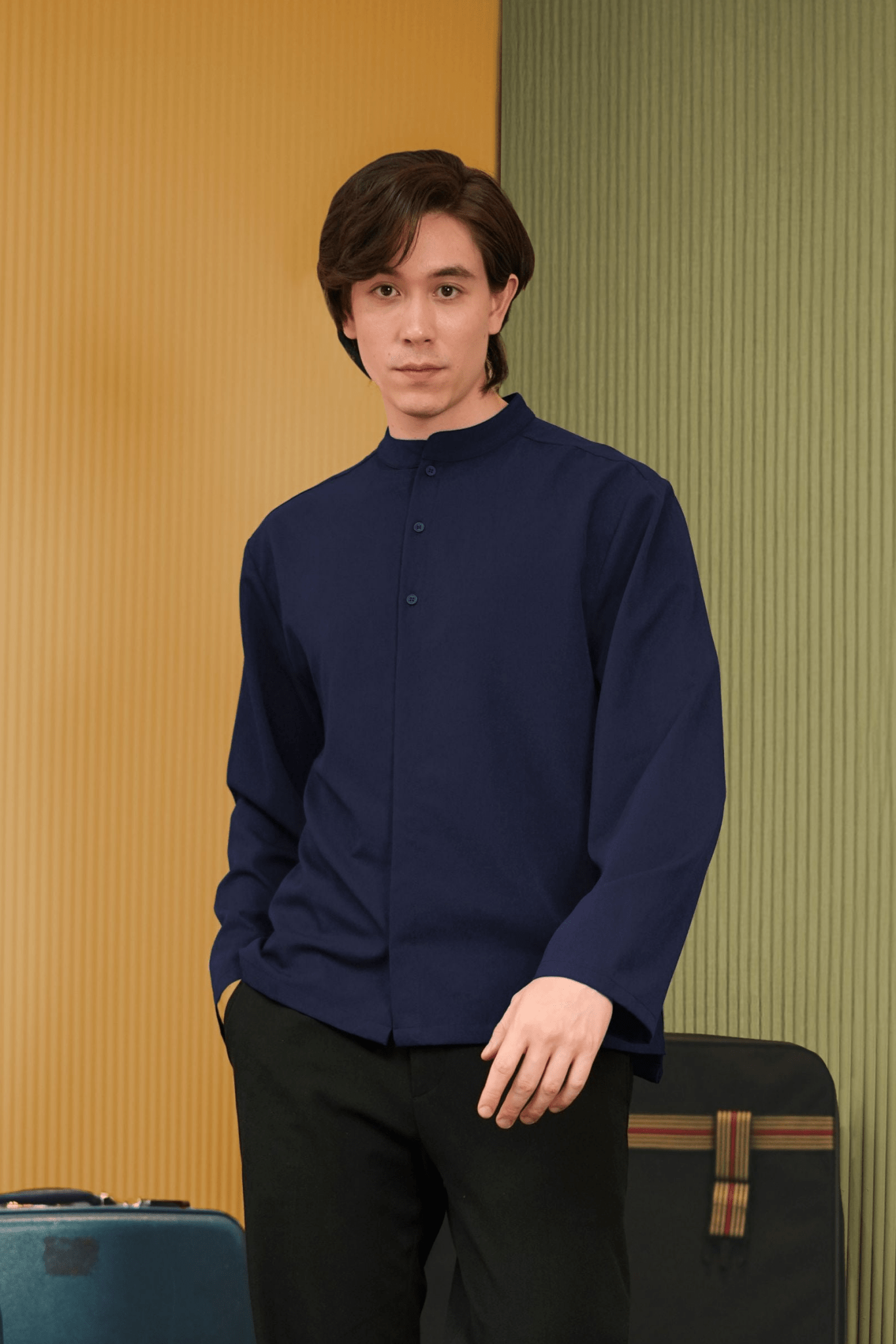 The Early Check - in Collection Men Mandarin Collar Long Sleeve Shirt in Midnight Blue - Umbi