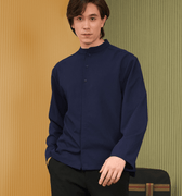 The Early Check - in Collection Men Mandarin Collar Long Sleeve Shirt in Midnight Blue - Umbi