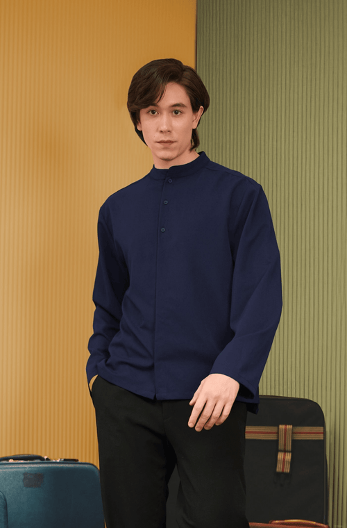 The Early Check-in Collection Men Mandarin Collar Long Sleeve Shirt in Midnight Blue