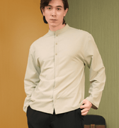 The Early Check - in Collection Men Mandarin Collar Long Sleeve Shirt in Mint Green - Umbi