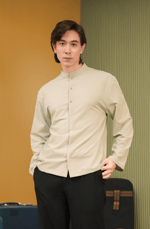 The Early Check-in Collection Men Mandarin Collar Long Sleeve Shirt in Mint Green