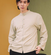 The Early Check - in Collection Men Mandarin Collar Long Sleeve Shirt in Mint Green - Umbi