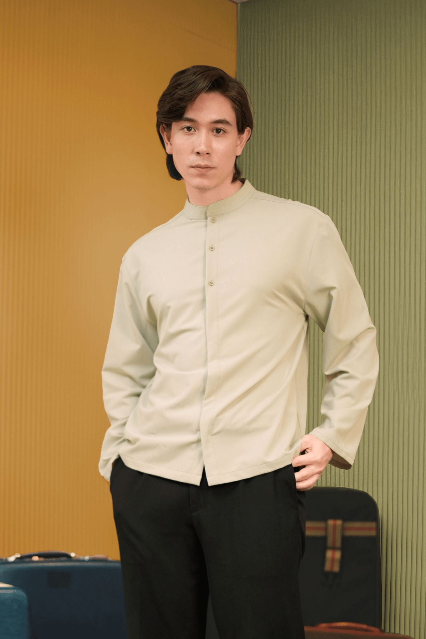 The Early Check - in Collection Men Mandarin Collar Long Sleeve Shirt in Mint Green - Umbi