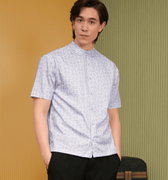 The Early Check - in Collection Men Mandarin Collar Short Sleeve Shirt in Ballroom Print - Umbi