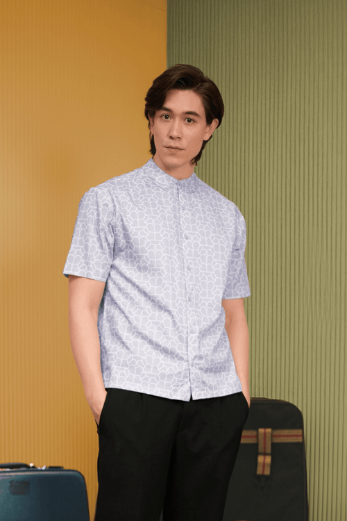 The Early Check-in Collection Men Mandarin Collar Short Sleeve Shirt in Ballroom Print