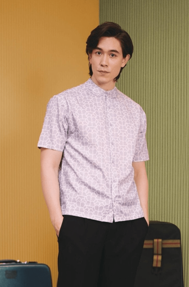 The Early Check - in Collection Men Mandarin Collar Short Sleeve Shirt in Ballroom Print - Umbi