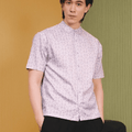 The Early Check - in Collection Men Mandarin Collar Short Sleeve Shirt in Ballroom Print - Umbi