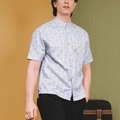 The Early Check - in Collection Men Mandarin Collar Short Sleeve Shirt in Snowflake Print - Umbi