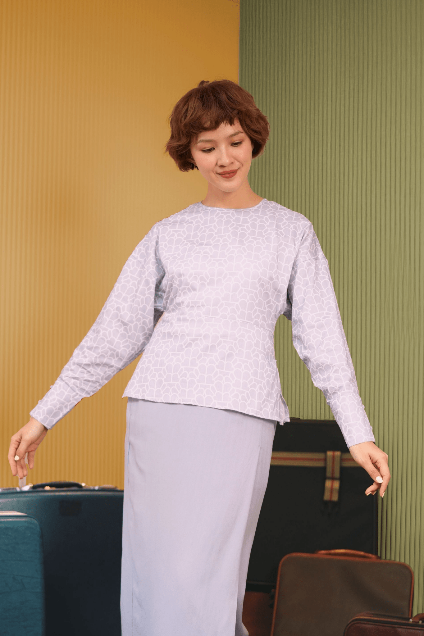 The Early Check - in Collection Women Long Sleeve Fitted Waist Blouse in Ballroom Print - Umbi