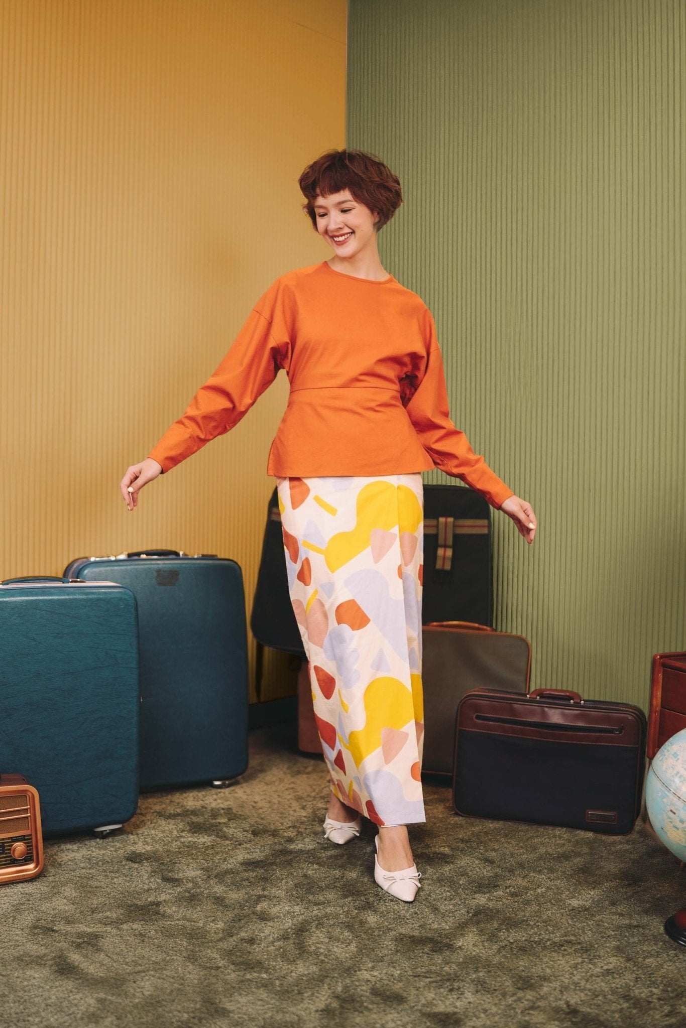 The Early Check - in Collection Women Long Sleeve Fitted Waist Blouse in Orange - Umbi