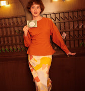 The Early Check - in Collection Women Long Sleeve Fitted Waist Blouse in Orange - Umbi