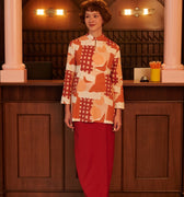 The Early Check - in Collection Women Mandarin Collar Kurung Top in Cranberry Print - Umbi