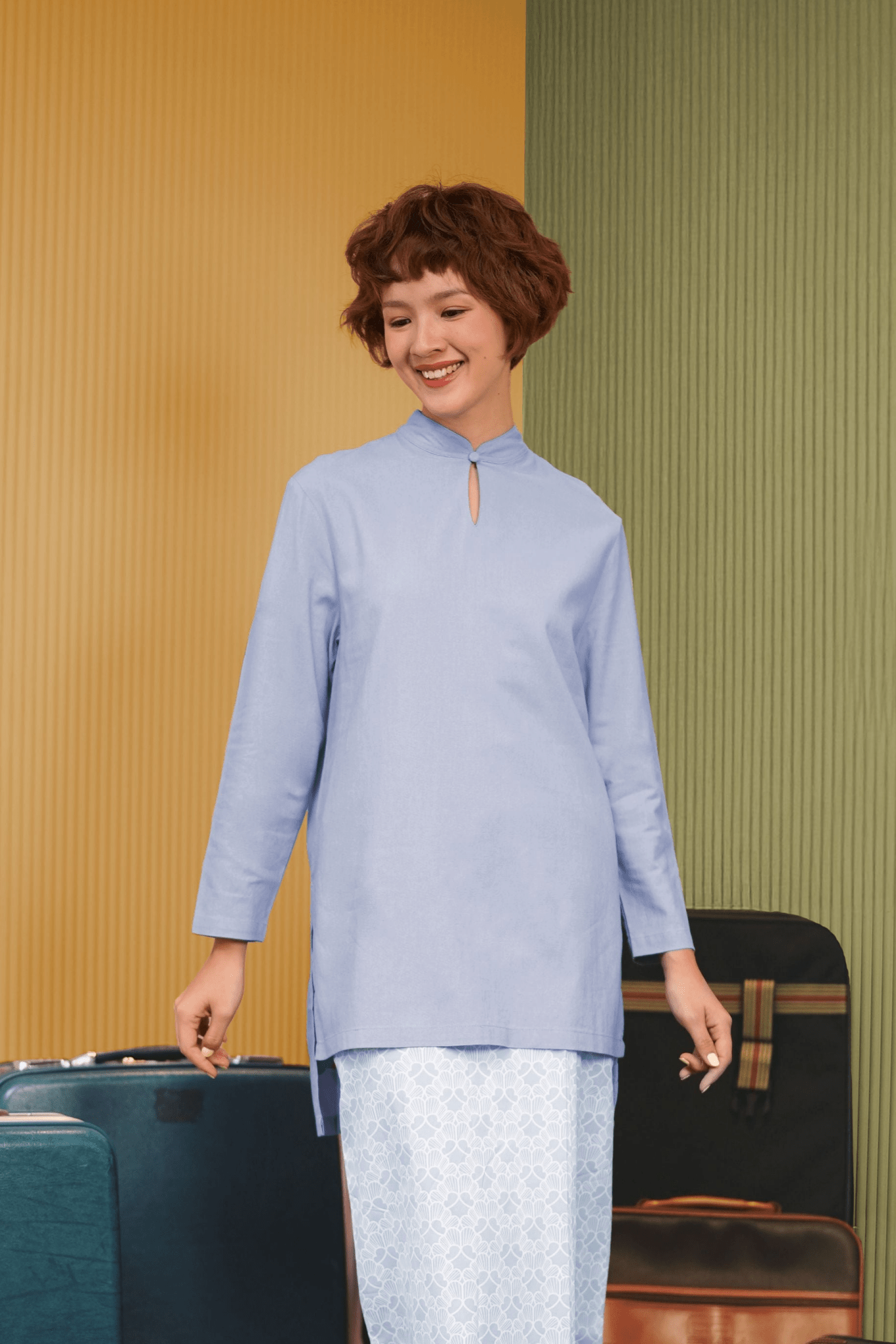 The Early Check - in Collection Women Mandarin Collar Kurung Top in Periwinkle Blue - Umbi