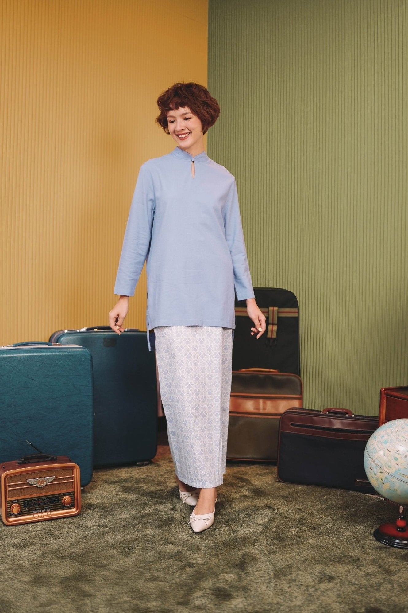 The Early Check - in Collection Women Mandarin Collar Kurung Top in Periwinkle Blue - Umbi
