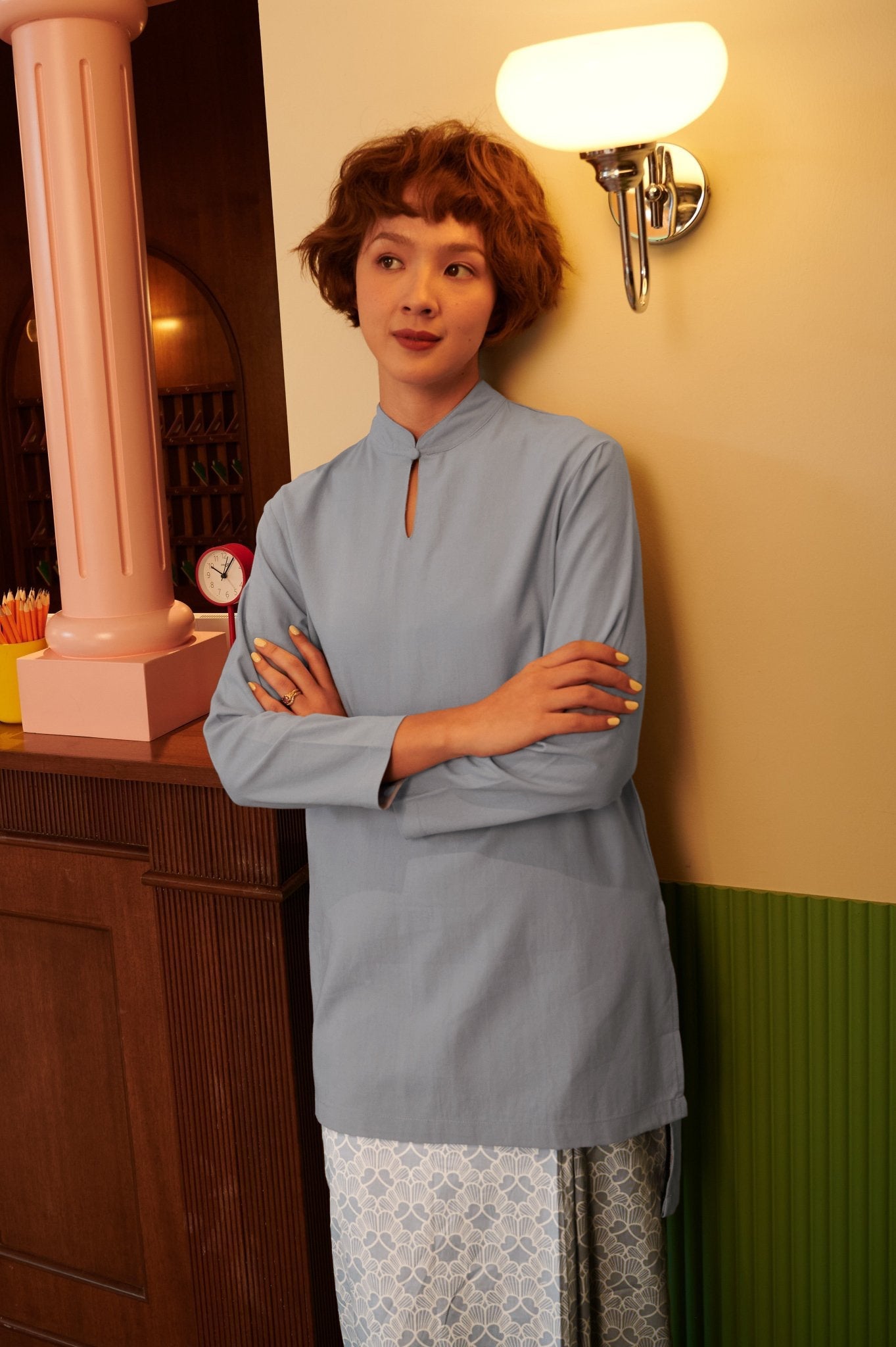 The Early Check - in Collection Women Mandarin Collar Kurung Top in Periwinkle Blue - Umbi