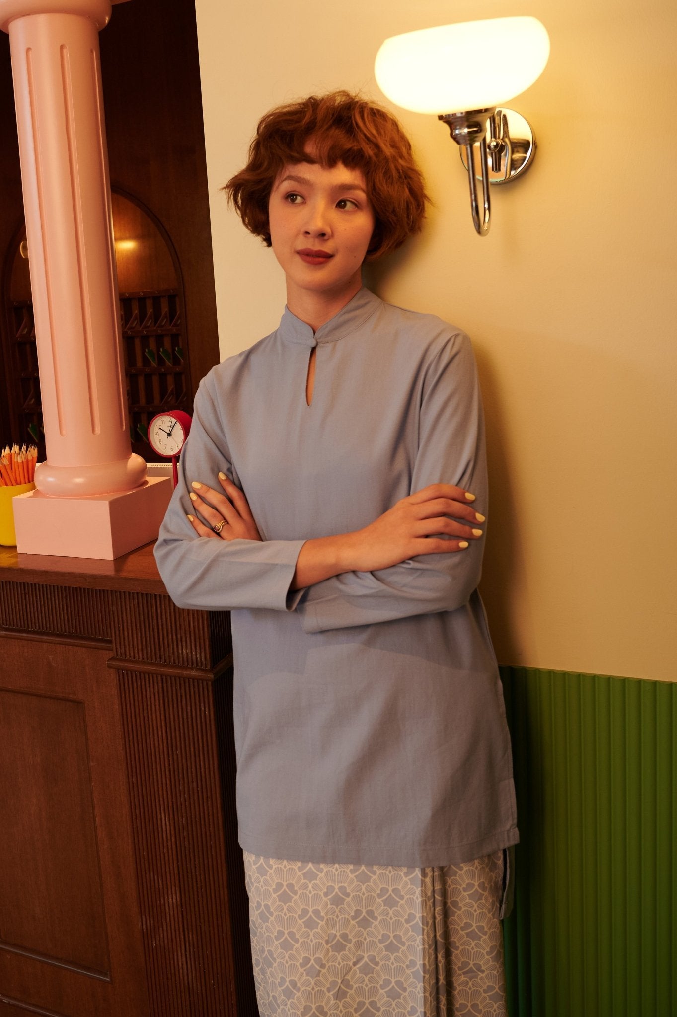 The Early Check - in Collection Women Mandarin Collar Kurung Top in Periwinkle Blue - Umbi
