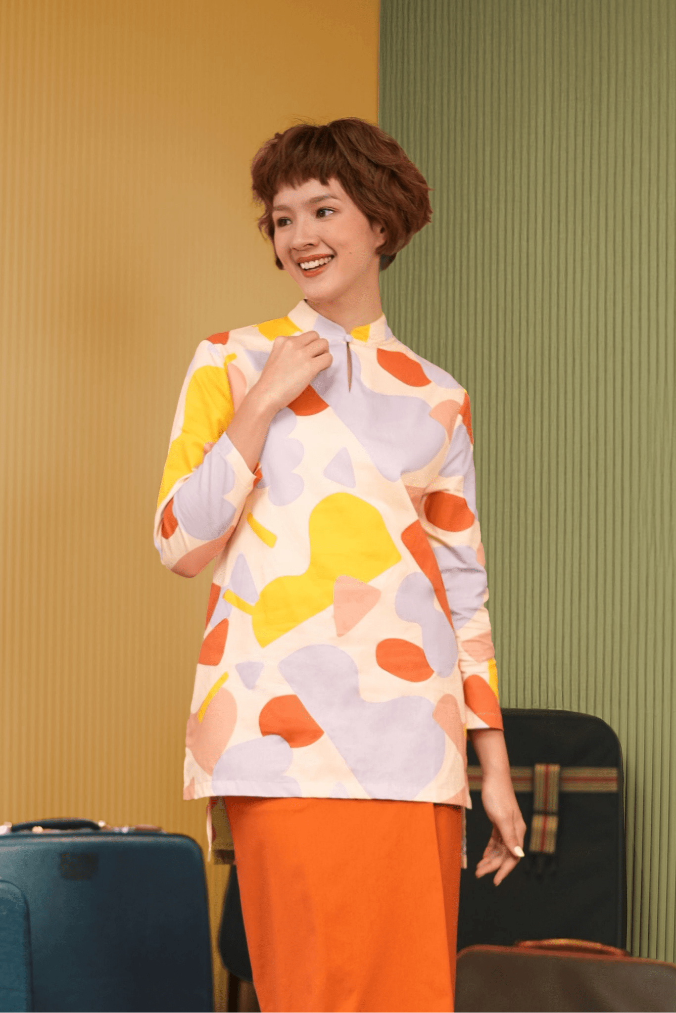 The Early Check - in Collection Women Mandarin Collar Kurung Top in Playroom Print - Umbi