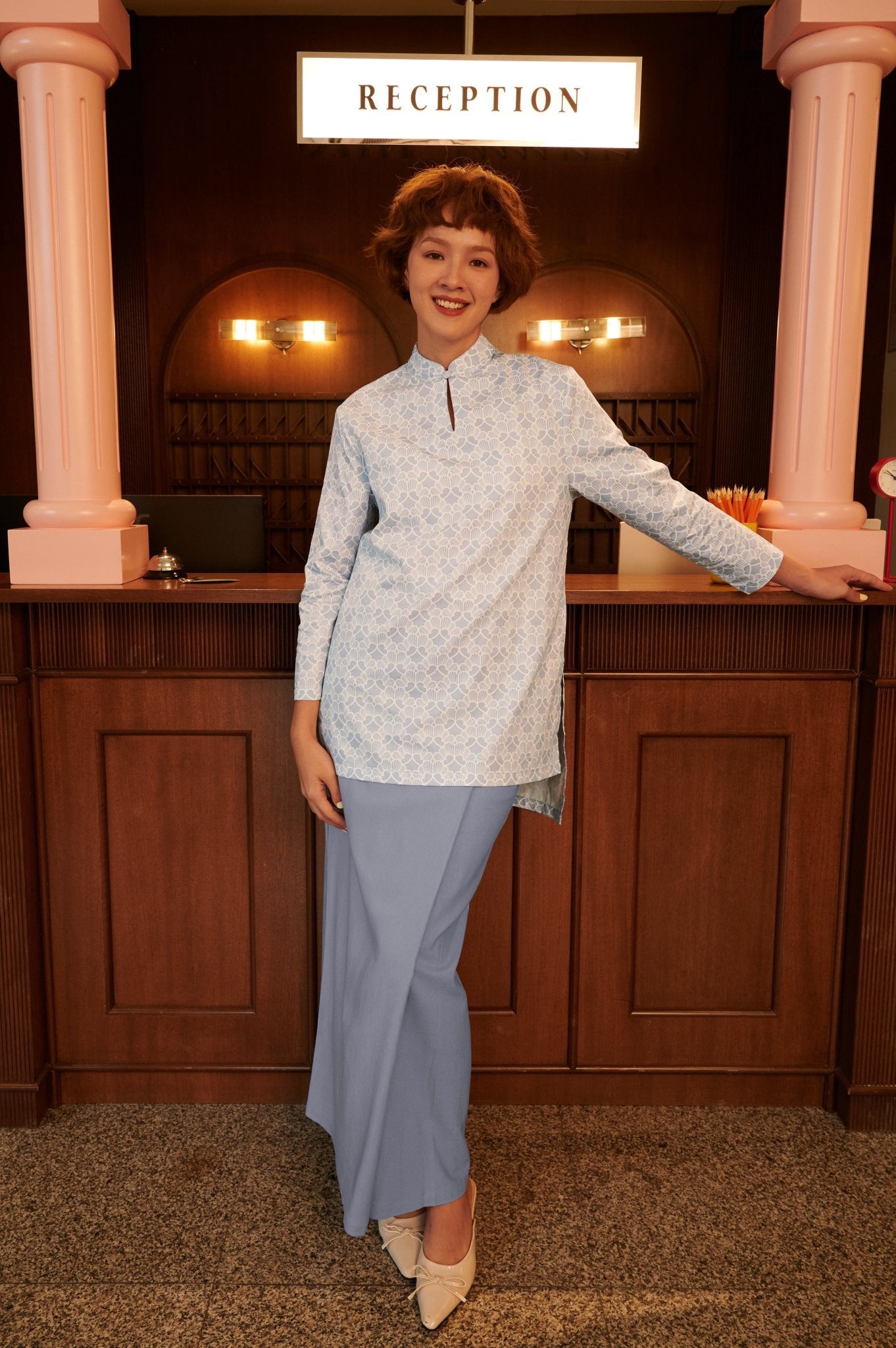 The Early Check - in Collection Women Mandarin Collar Kurung Top in Snowflake Print - Umbi