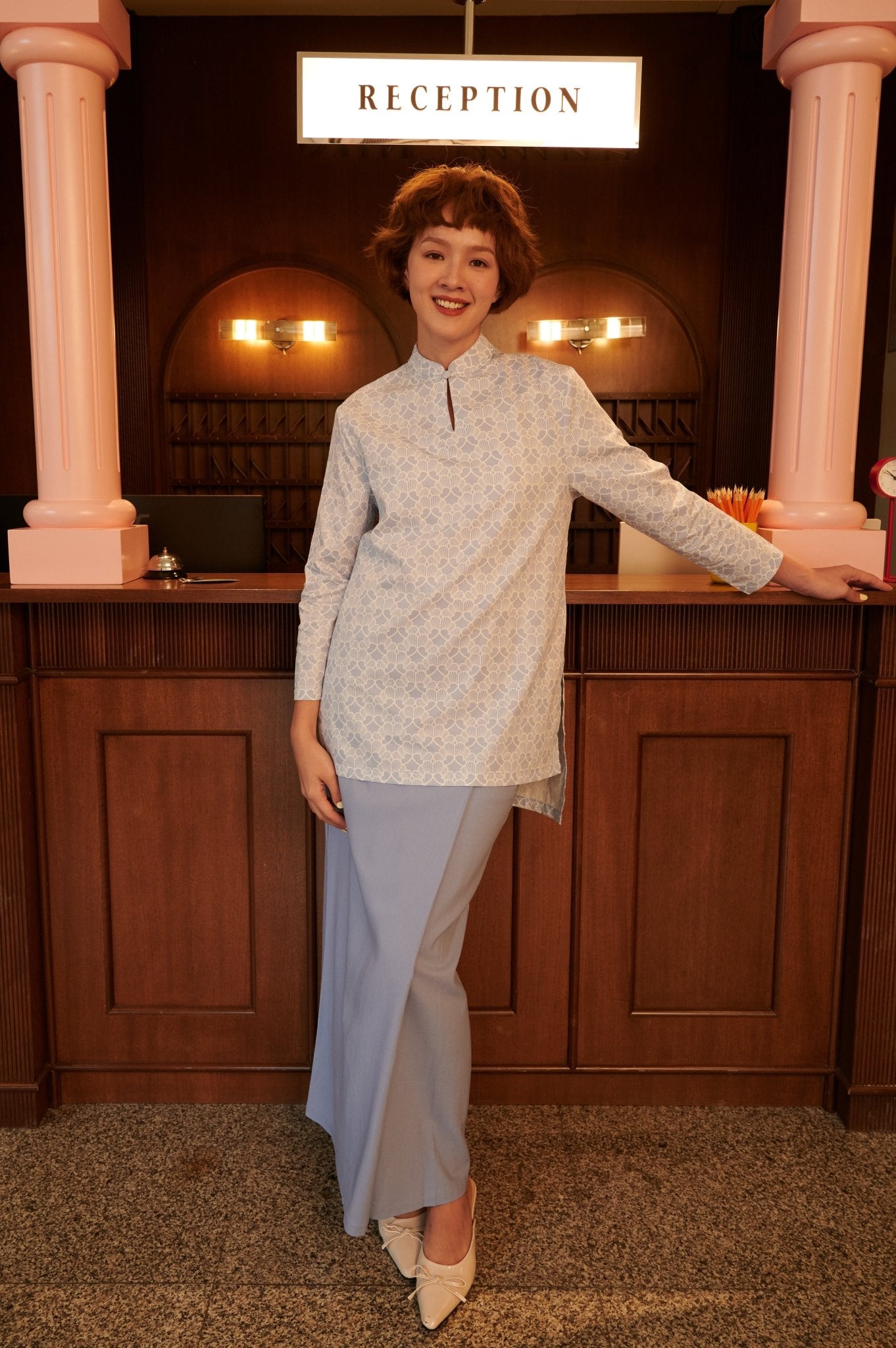 The Early Check - in Collection Women Mandarin Collar Kurung Top in Snowflake Print - Umbi