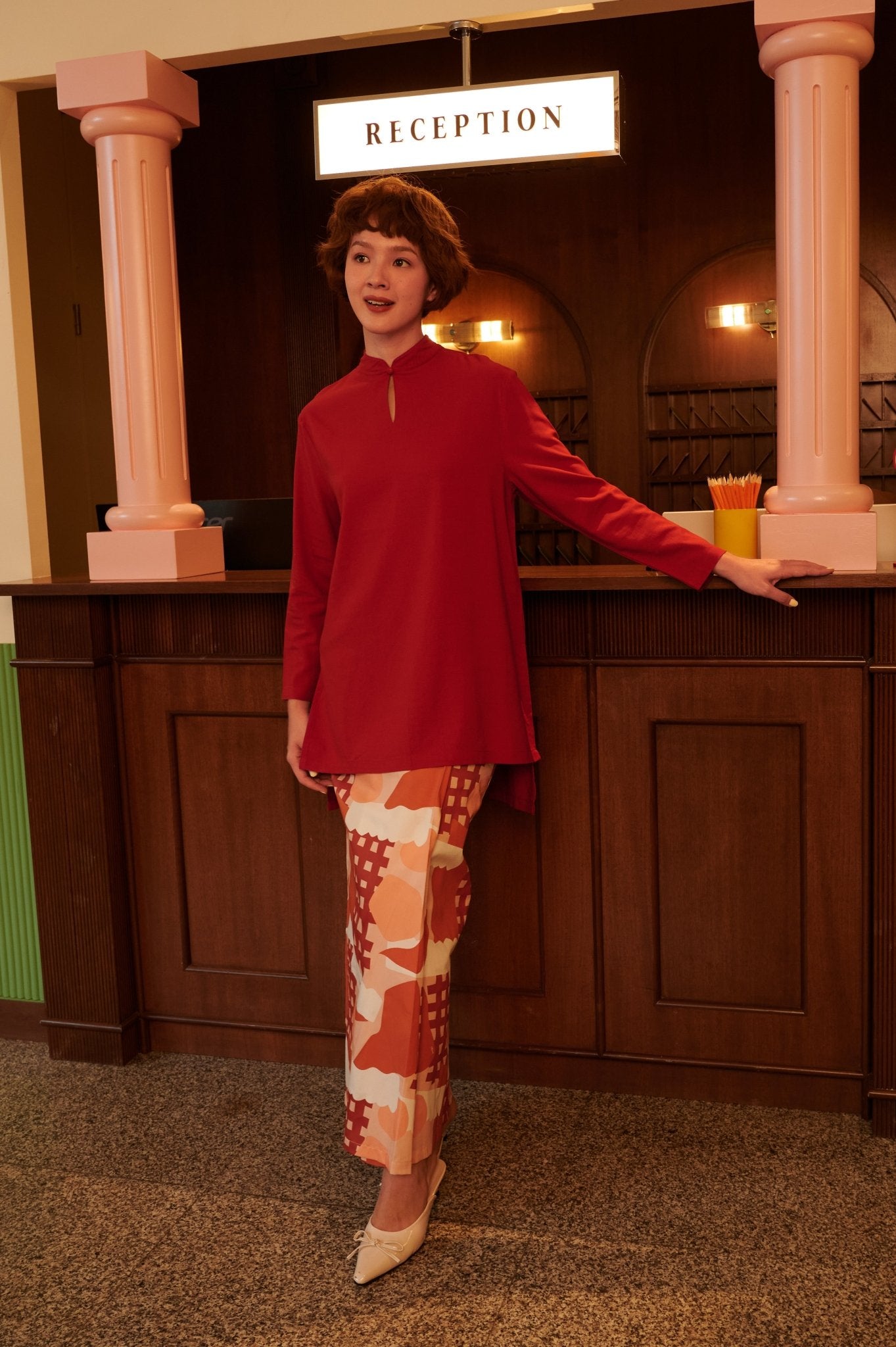 The Early Check - in Collection Women Mandarin Collar Kurung Top in Terracotta - Umbi