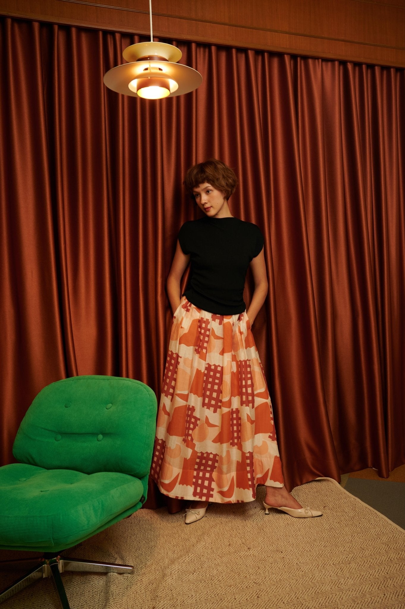 The Early Check - in Collection Women Pleated Flare Skirt in Cranberry Print - Umbi