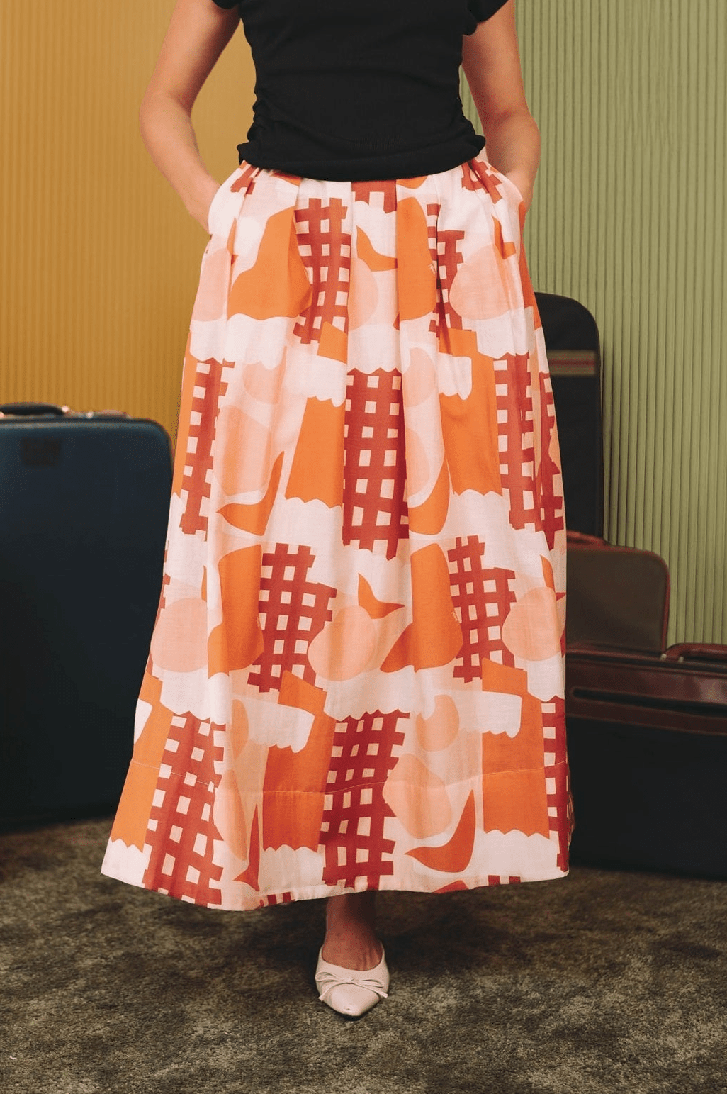 The Early Check - in Collection Women Pleated Flare Skirt in Cranberry Print - Umbi