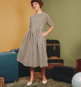 The Early Check - in Collection Women Short Sleeve Midi Flare Dress in Checked Black - Umbi