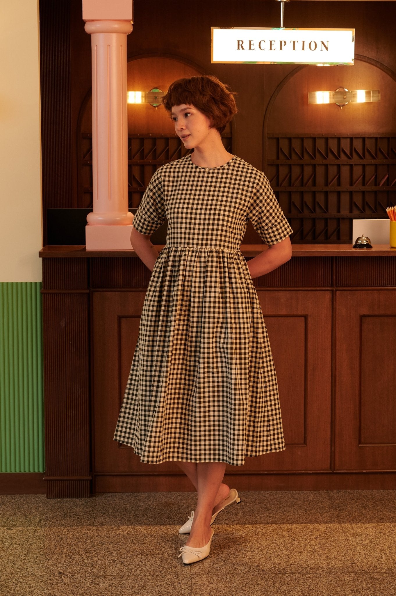 The Early Check - in Collection Women Short Sleeve Midi Flare Dress in Checked Black - Umbi