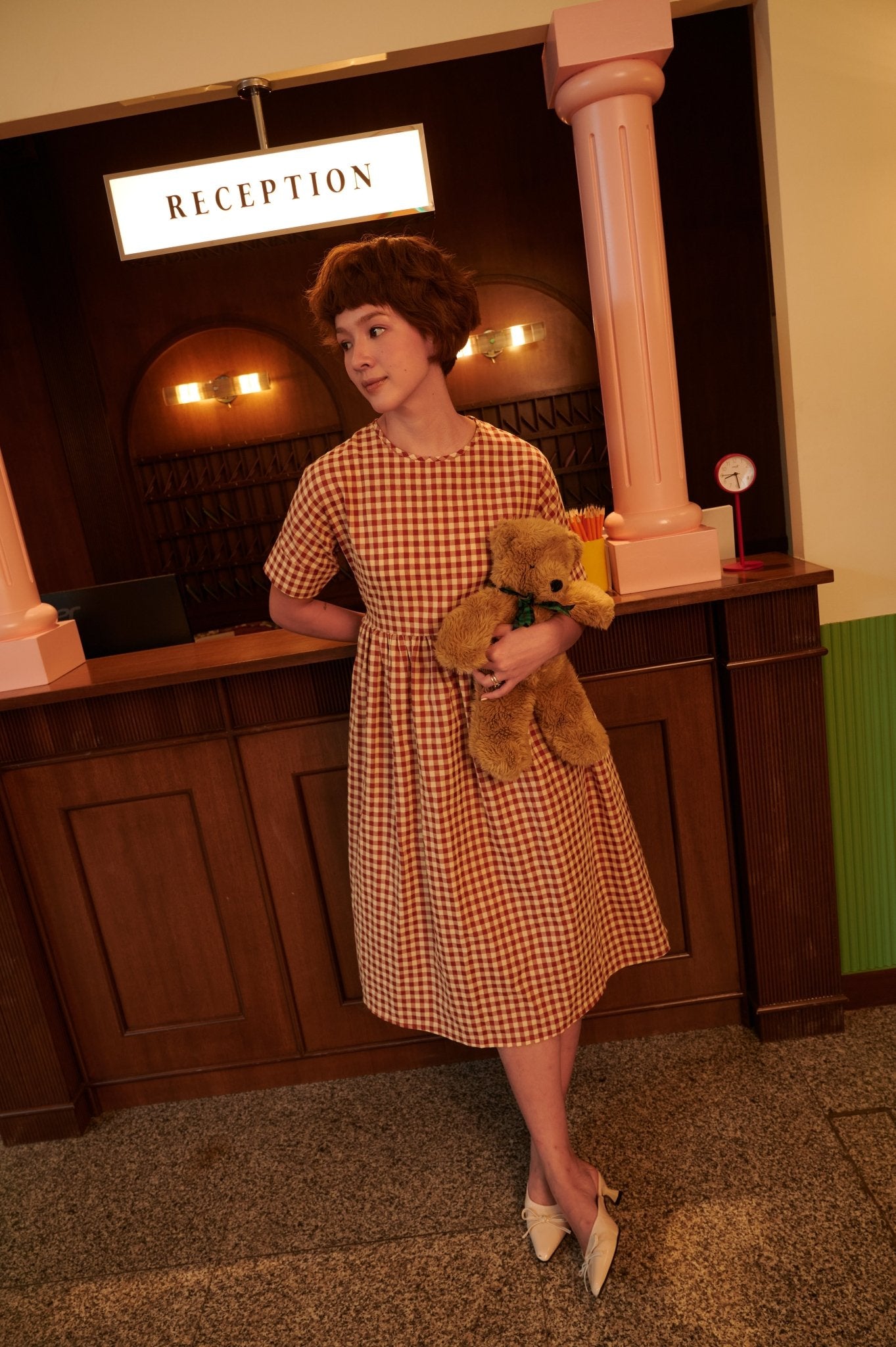 The Early Check - in Collection Women Short Sleeve Midi Flare Dress in Checked Red - Umbi