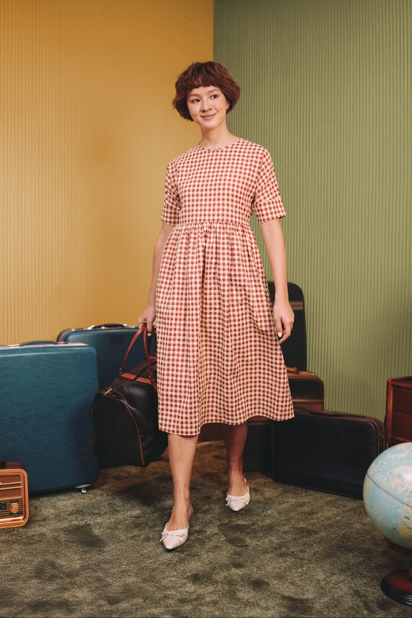 The Early Check - in Collection Women Short Sleeve Midi Flare Dress in Checked Red - Umbi