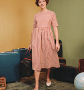 The Early Check - in Collection Women Short Sleeve Midi Flare Dress in Checked Red - Umbi