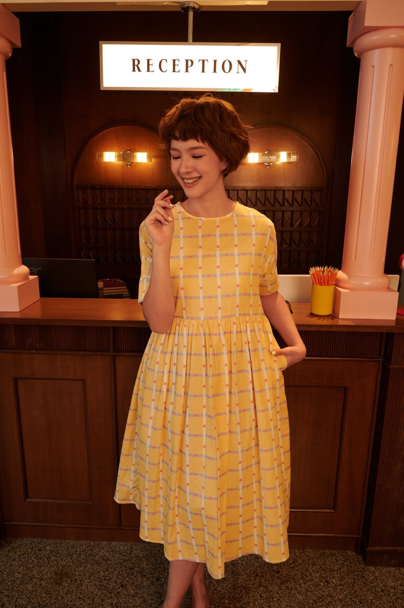 The Early Check - in Collection Women Short Sleeve Midi Flare Dress in Honeycomb Print - Umbi