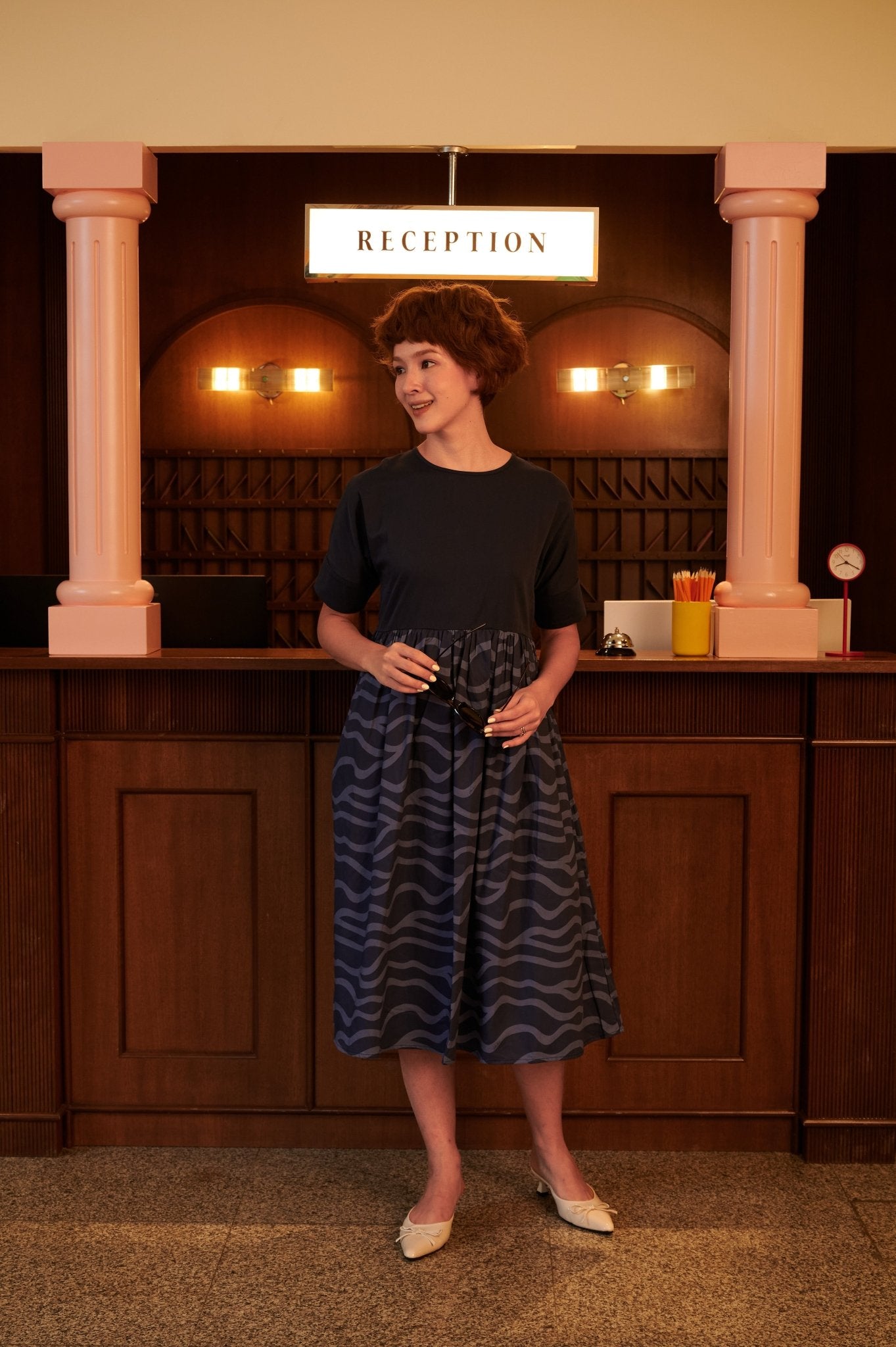 The Early Check - in Collection Women Short Sleeve Midi Flare Dress in Midnight Blue - Umbi