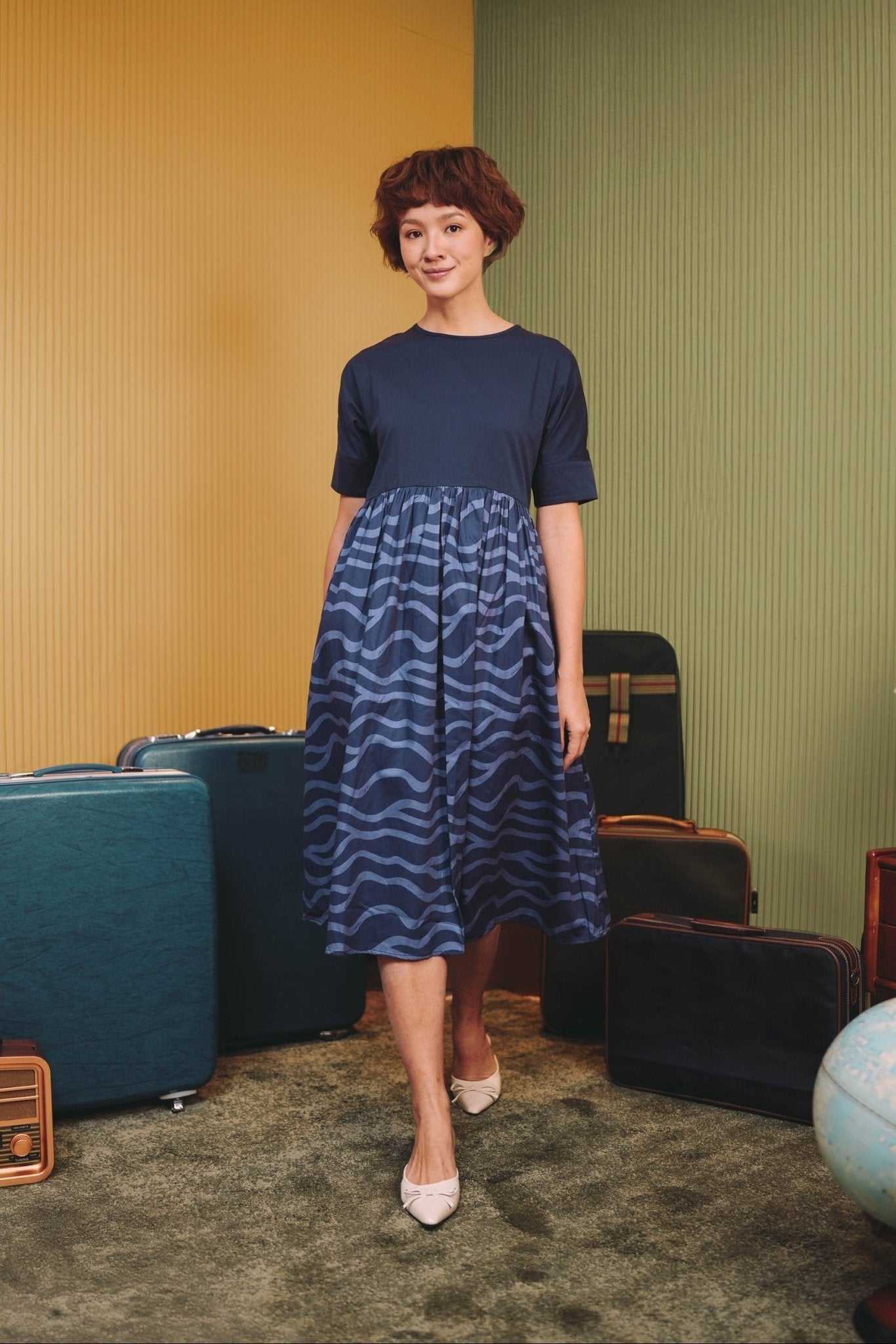 The Early Check - in Collection Women Short Sleeve Midi Flare Dress in Midnight Blue - Umbi