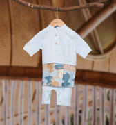 The Embun Collection Baby Boy Baju Melayu 3 - in - 1 in Blue & Olive Banjaran Print - Umbi