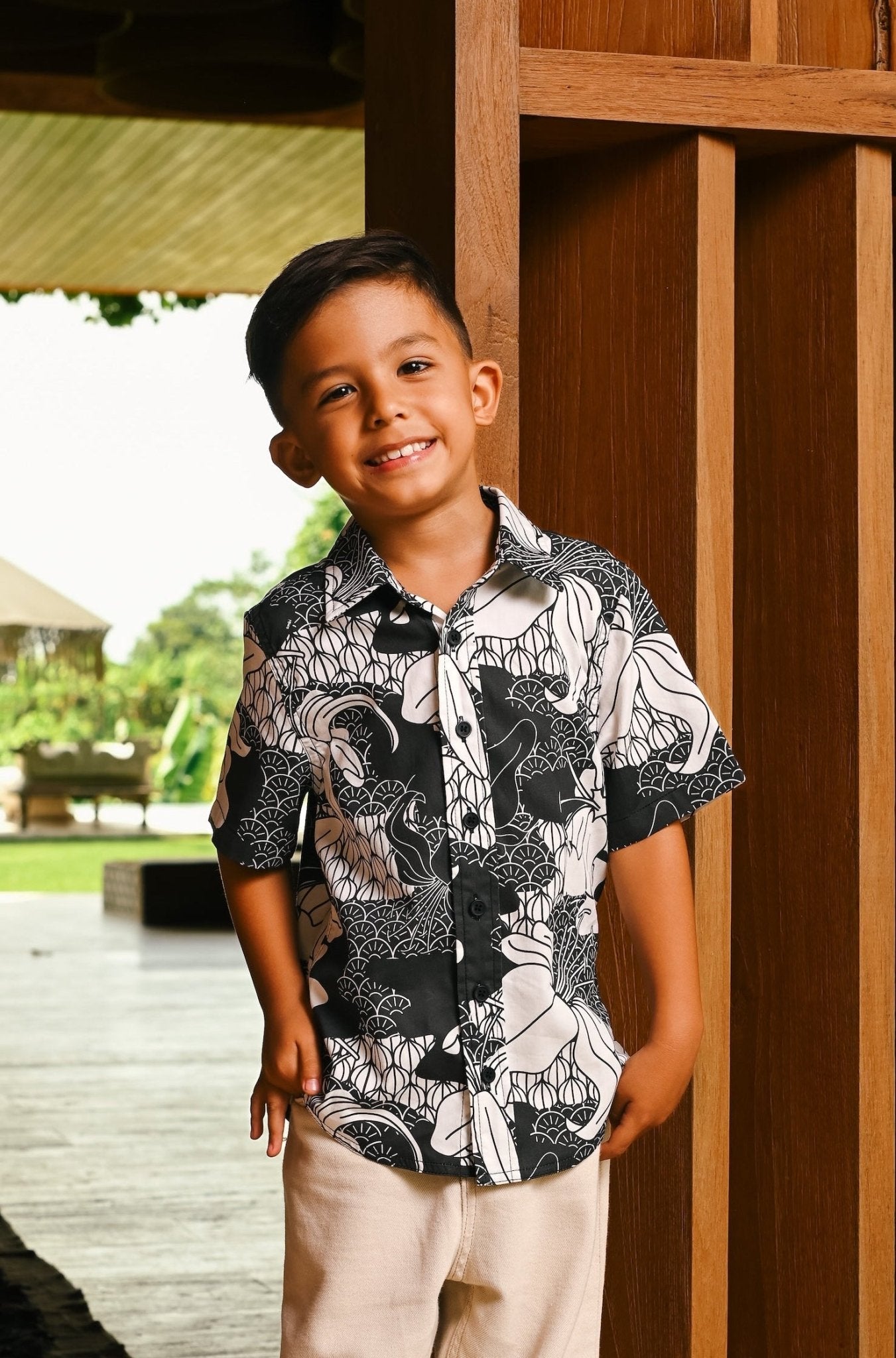 The Embun Collection Boy Holiday Shirt in Black & White Banjaran Print - Umbi